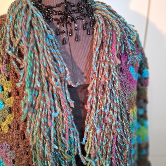 My Fairy Forrest Brown Green Turquoise Granny Square Super Fringe Sweater L/XL - Picture 15 of 16